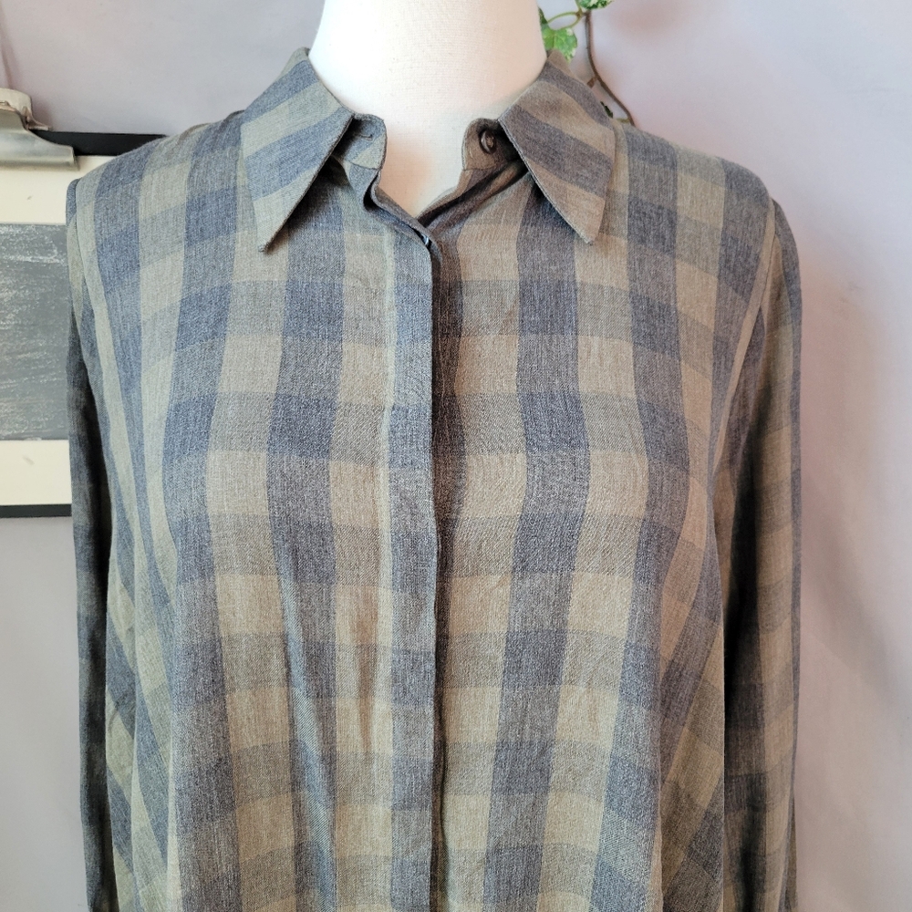 Hana San Oviv Khaki Check Button Up Shirt 38 6/8 M - Picture 4 of 14